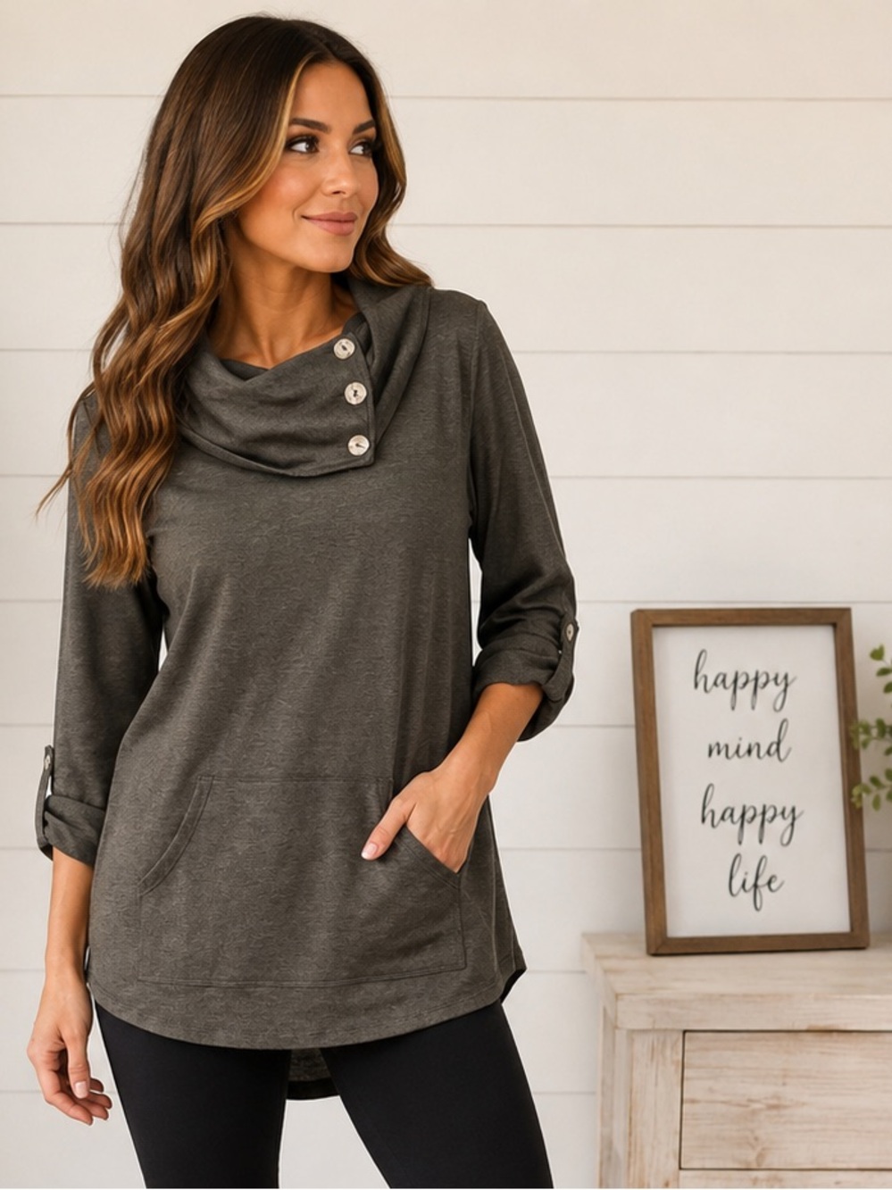 🩶 Soft Surroundings Cowl Neck Tunic Top Gray Button Detail Pocket Size Large